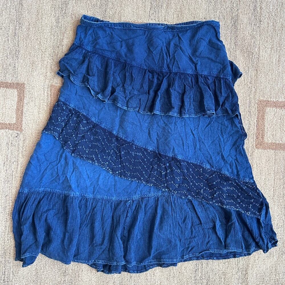 Tiered Ruffle Skirt Lace Whimsy Western Cowgirl Boho Romantic Indigo Blue XL